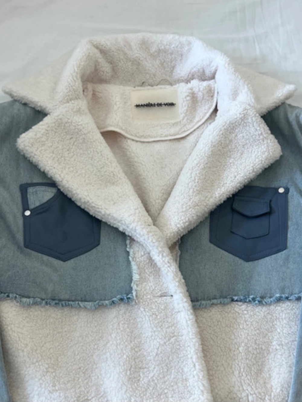 Maniere De Voir Cream Sherpa Jacket with Light Blue Yoke
